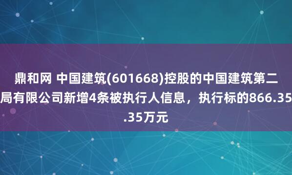 鼎和网 中国建筑(601668)控股的中国建筑第二工程局有限公司新增4条被执行人信息，执行标的866.35万元